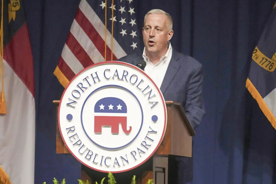 FILE - North Carolina GOP Chairman Michael Whatley speaks at the state party's convention on June 9, 2023, in Greensboro, N.C. Republican presidential candidate former President Donald Trump is calling for a leadership change at the Republican National Committee in an attempt to install a new slate of loyalists at the top of the GOP's political machine even before he formally secures the party's next presidential nomination. Trump is calling for Ronna McDaniel to be replaced by Whatley. (AP Photo/Meg Kinnard, File)'s convention on June 9, 2023, in Greensboro, N.C. Republican presidential candidate former President Donald Trump is calling for a leadership change at the Republican National Committee in an attempt to install a new slate of loyalists at the top of the GOP's political machine even before he formally secures the party's next presidential nomination. Trump is calling for Ronna McDaniel to be replaced by Whatley. (AP Photo/Meg Kinnard, File)