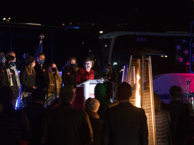 BANGOR, ME - NOVEMBER 03: Sen. Susan Collins (R-ME) delivers election night remarks to supporters and staff on November 3, 2020 in Bangor, Maine. Collins is facing a tight race against Democratic U.S. Senate candidate Sara Gideon. (Photo by Scott Eisen/Getty Images)