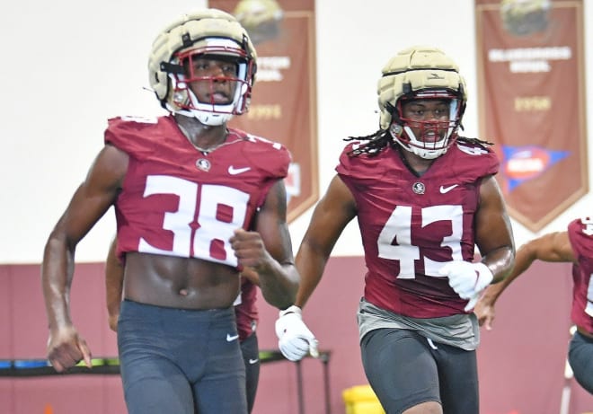 Freshman safety Shyheim Brown (No. 38) and redshirt freshman linebacker Jayion McCluster take part in Saturday's afternoon practice at FSU.