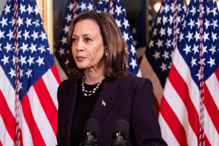 Vice President Kamala Harris leaves after speaking to the press following a meeting with Israeli Prime Minister Benjamin Netanyahu in the vice president's ceremonial office at the Eisenhower Executive Office Building in Washington, D.C., on July 25, 2024.