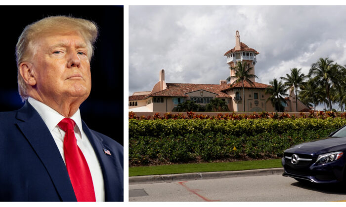 (Left) Former President Donald Trump at CPAC in Dallas on Aug. 6, 2022. (Right) The Mar-a-Lago resort in Palm Beach, Fla., on Feb. 11, 2022. (Brandon Bell, Joe Raedle/Getty Images)